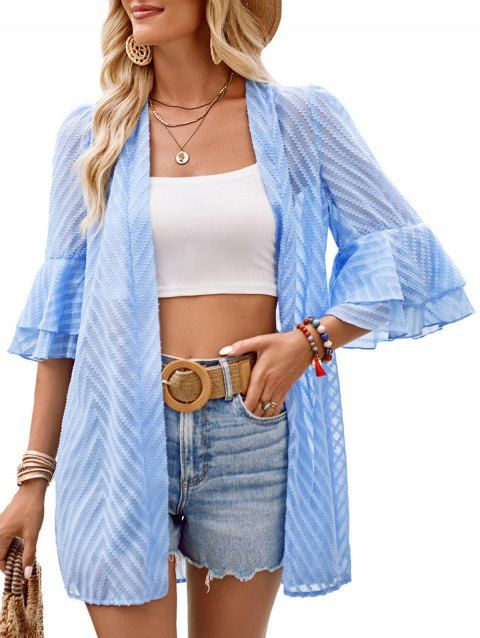 Double Layer Ruffle Sleeve Casual Sheer Open Front Vacation Shirt