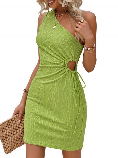 One Shoulder Pleated Dress Waist Cutout sSleeveless Short Mini Dress
