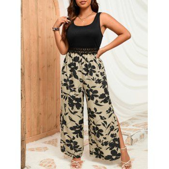 

Plus Size Floral Print Split Thigh Wide Leg Guipure Lace Insert Tank Jumpsuit, Black