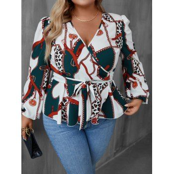 

Plus Size Allover Chain Print Waisted Lantern Sleeve Wrap Shirt, Multicolor a