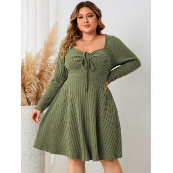 

Plus Size Cinched Bust Square Neck Solid Color Long Sleeve Ribbed Knit Dress, Green