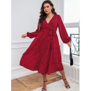 

Plus Size Allover Pin Dot Print Wrap Dress Lantern Sleeve V Neck Tie Waist Dress, Red