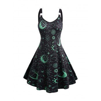 

Sun And Moon Print V Neck Dress O Ring Straps Sleeveless A Line Dress, Green