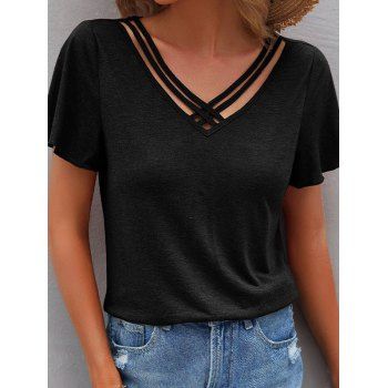 

Solid Color Double Crisscross V Neck Short Sleeve Summer T Shirt, Black