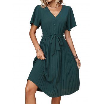 

Women Pleated Wrap V Neck Flare Sleeve Solid Casual Summer Dress, Deep green