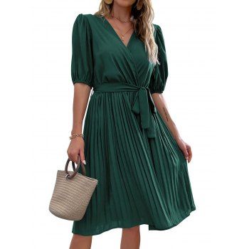 

Solid Color Surplice Front Pleated Puff Sleeve Dress Self- Belted Three-quarter Sleeve Knee Length Dress, Deep green