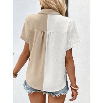 Womens Blouses Casual Short Sleeve Button Front Shirt Collar Contrast Color Top
