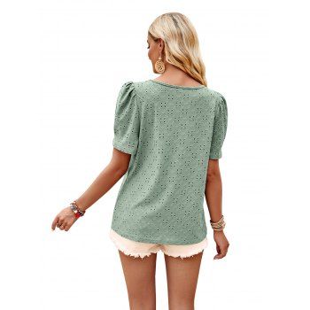 Women Round Neck Short Puff Sleeves Hollow Out Bust Casual T Shirt