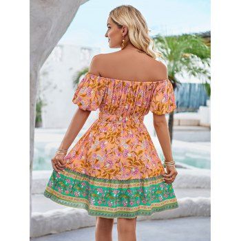 Off The Shoulder Allover Floral Print Tiered Dress Puff Sleeve Elastic Panel Waist Dress