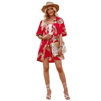 Tropical Print Vacation Two-piece Set Open Front Short Sleeve Cardigan And Drawstring Shorts Outfits
