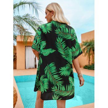 Tropical Print Vacation Two-piece Set Open Front Short Sleeve Cardigan And Drawstring Shorts Outfits