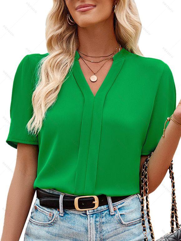 Women V-neck Fashion Solid Color Fresh Loose Short-sleeved Casual Shirt - Vert clair L | US 8-10