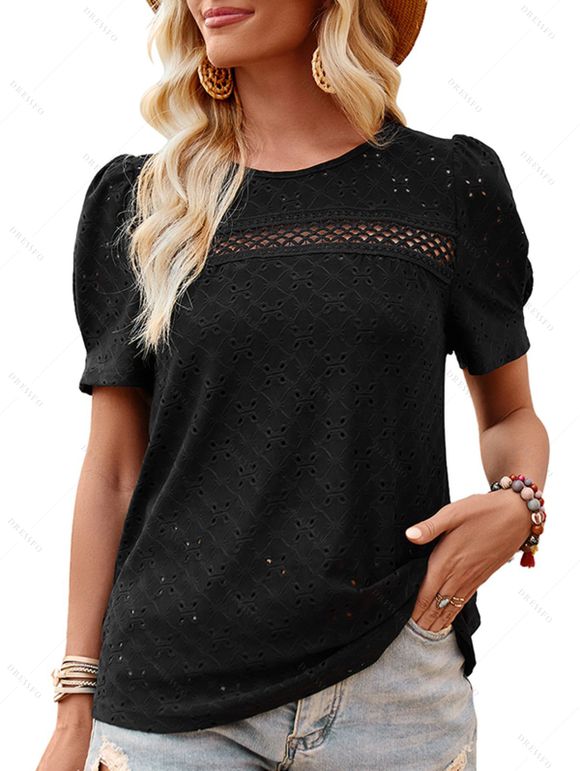 T-shirt Décontracté Evidé Manches Courtes à Col Rond pour Femme - Noir XL | US 12