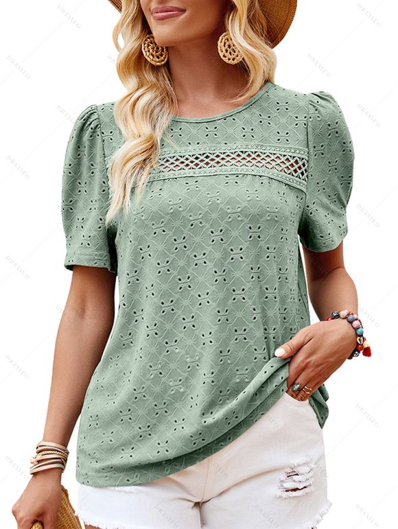 T-shirt Décontracté Evidé Manches Courtes à Col Rond pour Femme - Vert clair XL | US 12
