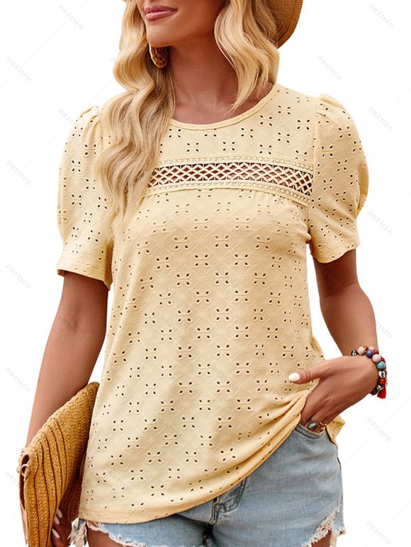 Women Round Neck Short Puff Sleeves Hollow Out Bust Casual T Shirt - café lumière XL | US 12