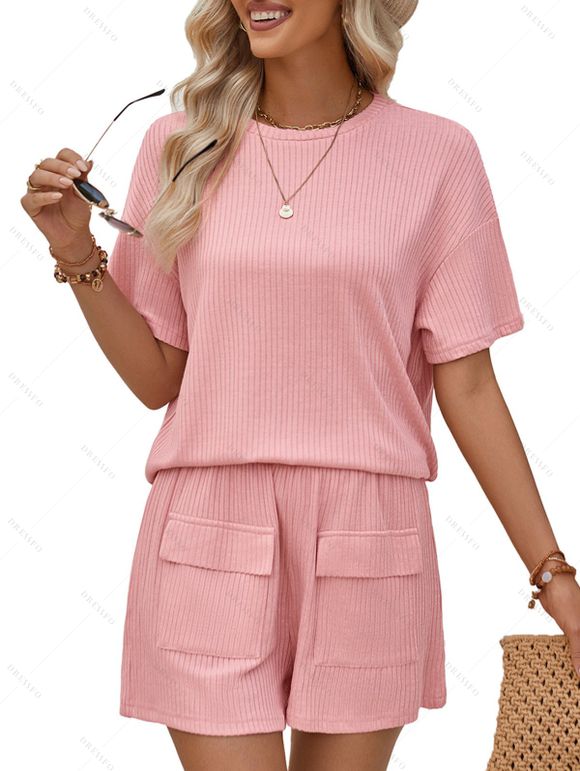 Women's Two Piece Outfit Round Neck Short Sleeve Top and Shorts Set - Rose clair M | US 6