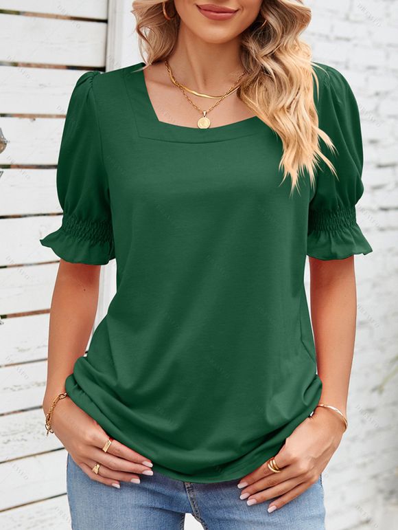 Poet Sleeve Square Neck Solid Color Tee Short Sleeve Ruched Shoulder Chiffon T Shirt - Vert profond XXL | US 12