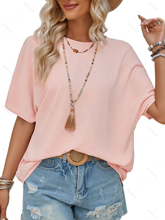 Women Summer Round Neck Short Sleeve Solid Color Casual Shirt - Rose clair XL | US 12