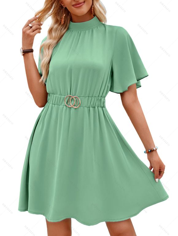 Plain Color Mock Neck O Ring Elastic Panel Belt Summer Dress Tie Back Ruffle Sleeve Elegant Dress - Vert clair XL | US 12