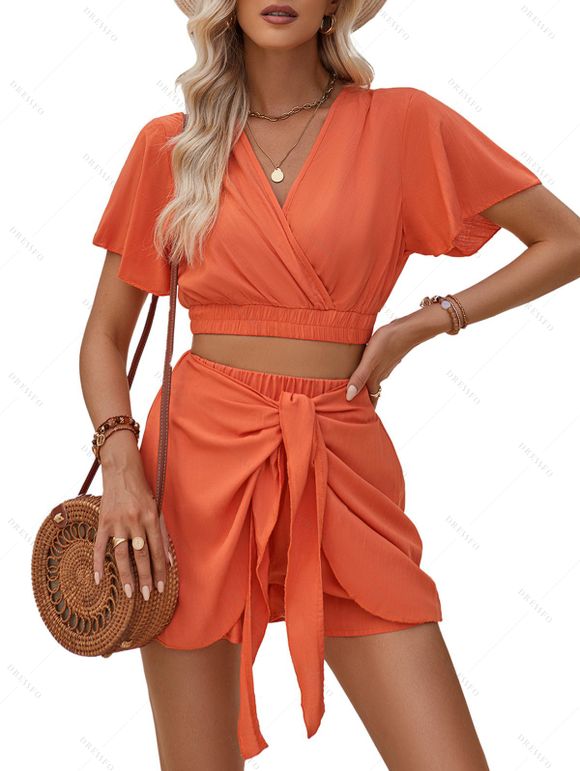 Frenchy Butterfly Sleeve Crop Top And Knot Front Shorts Two Piece Set - Orange Foncé M | US 6