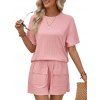 Women's Two Piece Outfit Round Neck Short Sleeve Top and Shorts Set - Rose clair M | US 6