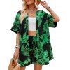 Tropical Print Vacation Two-piece Set Open Front Short Sleeve Cardigan And Drawstring Shorts Outfits - Vert profond XL | US 12