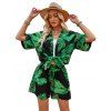 Tropical Print Vacation Two-piece Set Open Front Short Sleeve Cardigan And Drawstring Shorts Outfits - Vert profond XL | US 12