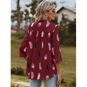 Allover Colorful Feather Print V Cut Roll Tab Top Poet Neck Three-quarter Sleeve Dolphin Hem Shirt