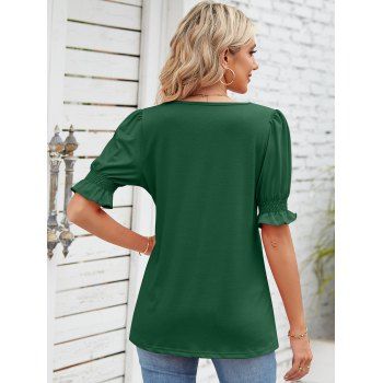 Plain Color Square Neck Ruffle Sleeve Ruched Shoulder Slim Summer T Shirt