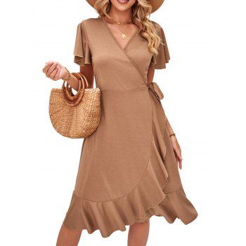 

Plain Color V Neck Ruffle Hem Tie Waist Wrap Dress Short Sleeve Summer Dress, Light coffee