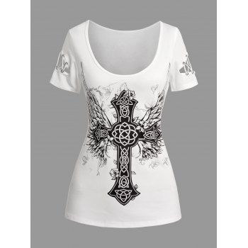 Cross Print Short Sleeve Summer Tee Hollow Out Lace Up Tee 