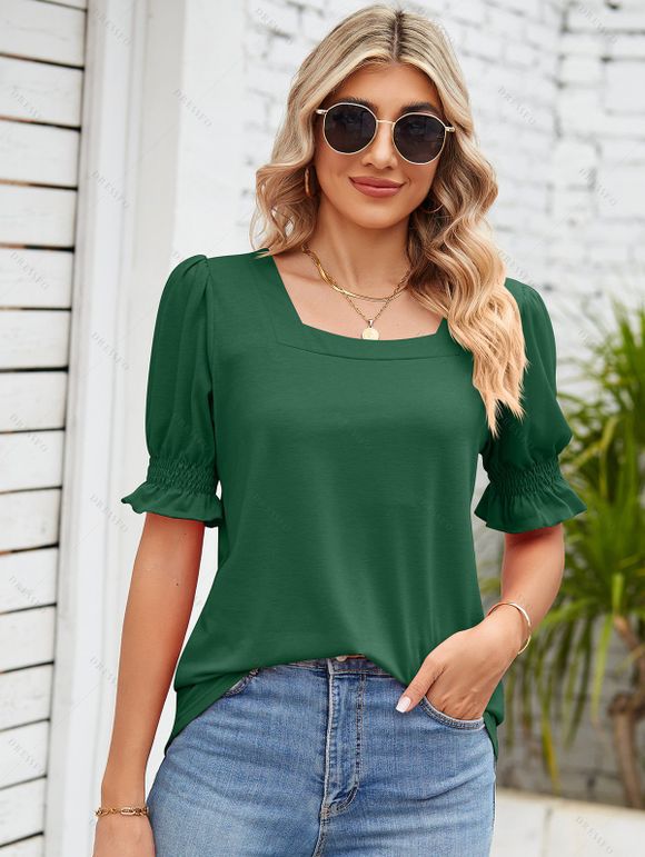 T-shirt D'Eté Simple Epaule à Manches Volantées à Col Carré - Vert profond S | US 4