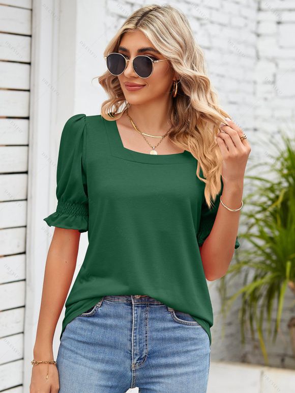 T-shirt D'Eté Simple Epaule à Manches Volantées à Col Carré - Vert profond S | US 4