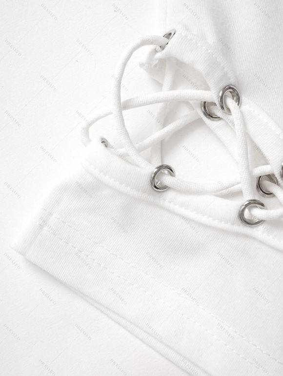 T-shirt D'Eté Evidé Croisé Imprimé à Manches Courtes à Lacets - Blanc S | US 4