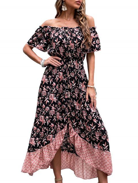 Women Summer Floral Print Slip-neck Puff Sleeve Mid Casual Dress