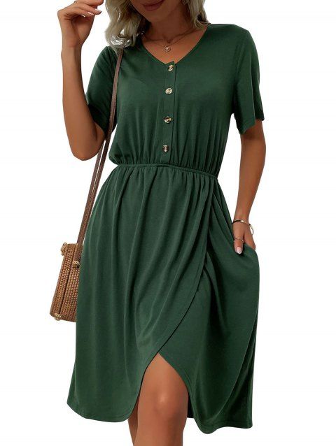 Solid Color V Neck Mid Waist Short Sleeve Asymmetrical Hem Dress