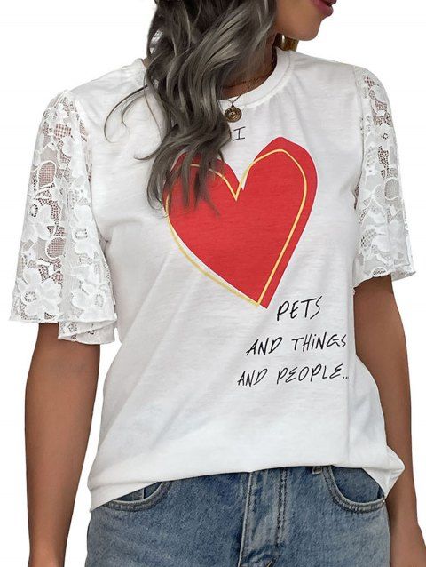 T-shirt D'été en Dentelle Imprimé Lettre et Coeur à Manches Évasées