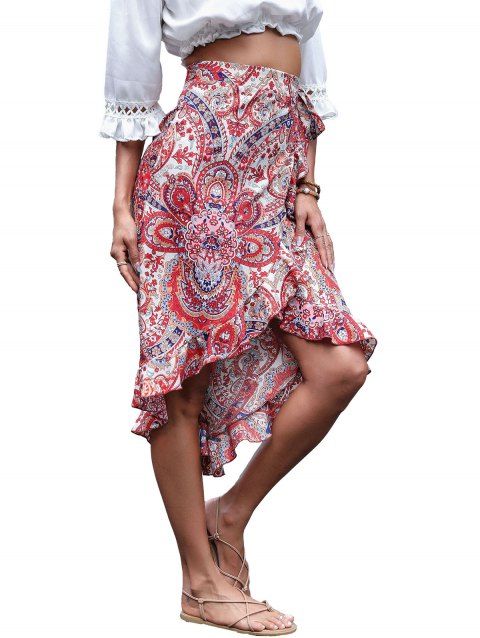 Vintage Party Wrap Women Summer Mid Waist Floral Print Casual Irregular Ruffle Hem Skirt