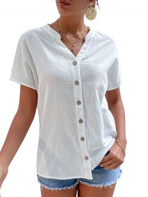 Short Sleeve Solid Color T-Shirt Button Up V Neck Casual T-Shirt