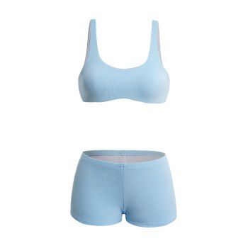 

Women Sexy Casual Solid Color 2-piece Square Neck Mid Waist Sleeveless Sports Set Swimsuit, Light blue