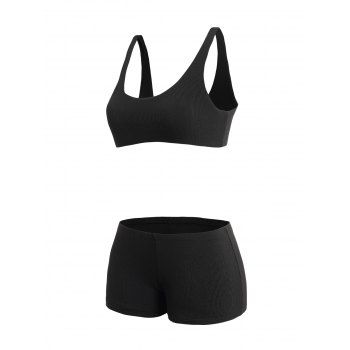 

Women Sexy Casual Solid Color 2-piece Square Neck Mid Waist Sleeveless Sports Set Swimsuit, Black