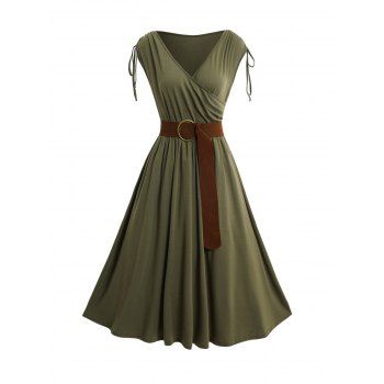 Cinched Shoulder Surplice Plunge Belted Midi Dress Solid Color Sleeveless Dress