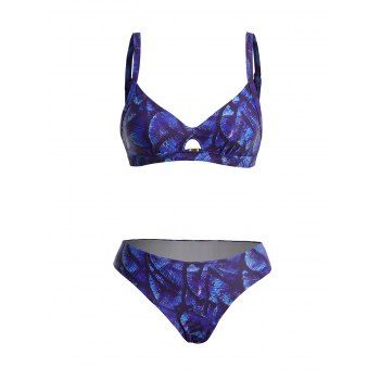 

Vacation Bikini Swimsuit Leaf Print Swimsuit Padded Tummy Control Bathing Suit, Deep blue