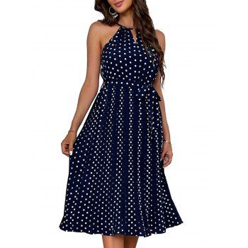 

Polka Dot Summer Halter Neck Sleeveless Women Casual Mid Waist Dress, Deep blue