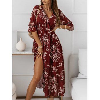 

Fashion V-neck Side Split Chiffon Print Dress Loose Ruffle Sleeve Waisted Maxi Dress, Deep red