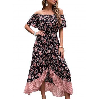 

Women Summer Floral Print Slip-neck Puff Sleeve Mid Casual Dress, Light pink