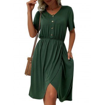 

Solid Color V Neck Mid Waist Short Sleeve Asymmetrical Hem Dress, Deep green