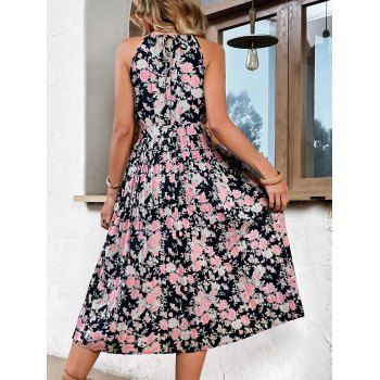 Floral Print Cutout Front Halter Neck Belt Pleated Summer Dress