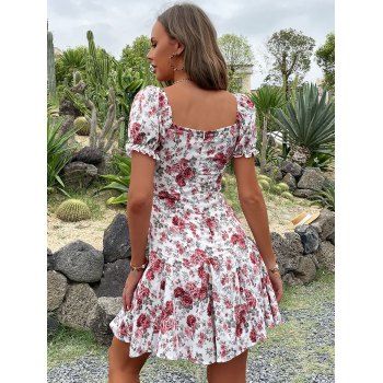 Floral Print Square Collar Short Sleeve Dress Cute Date Popular Dress