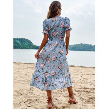 Holiday Beach V Neck Mid Waist Ruffle Hem Allover Floral A Line Dress